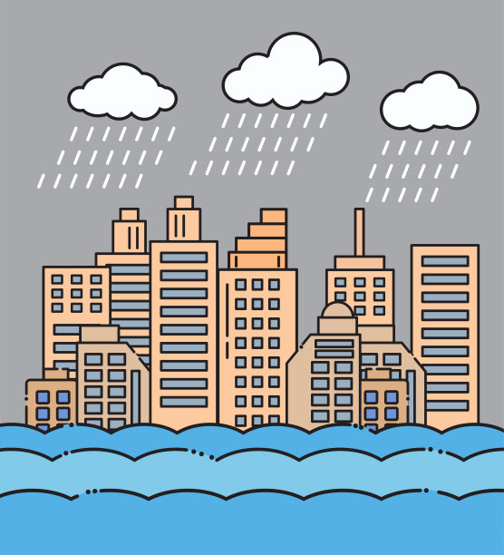 洪水自然灾害与房屋，大雨和暴风雨，破坏与房屋，云雨，淹没城市水，淹没房屋。图片下载