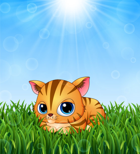 可爱的卡通小猫躺在草地上的背上图片下载