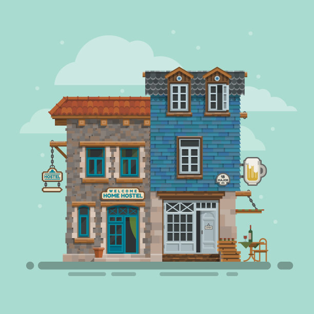 详细的旅馆和酒吧建筑立面图片下载