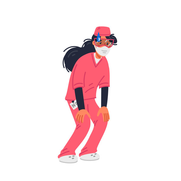 呆在家里。疲惫的年轻护士穿着粉红色的手术服和面膜。医疗队在冠状病毒大流行的情况下，covid -19隔离。平面风格矢量插图。图片下载