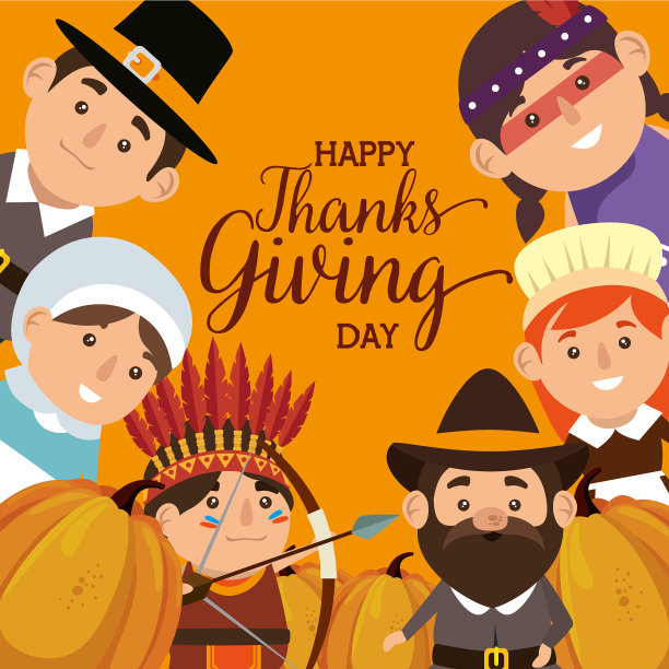 朝圣者和当地人的感恩卡片图片下载