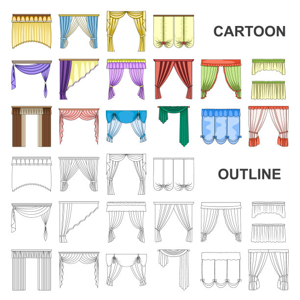 不同种类的窗帘卡通图标设置图片下载