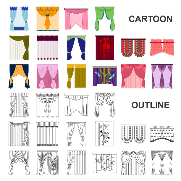 不同种类的窗帘卡通图标设置图片下载