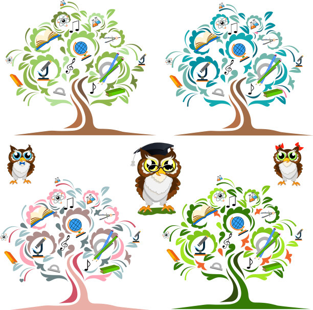 研究树和愉快的猫头鹰集合图片下载