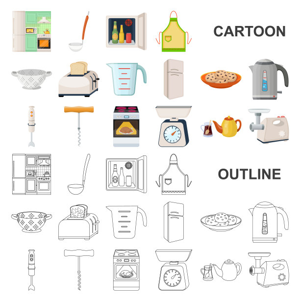 厨房设备卡通图标集合图片下载