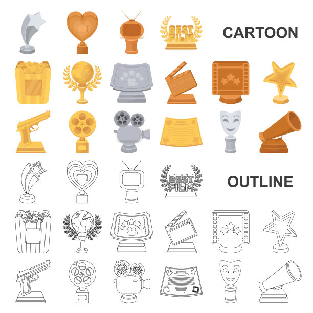 电影奖项和奖品卡通图标在集合图片下载