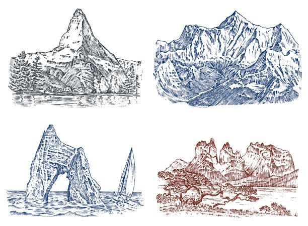 珠穆朗玛峰和马特洪峰复古山峰图片下载