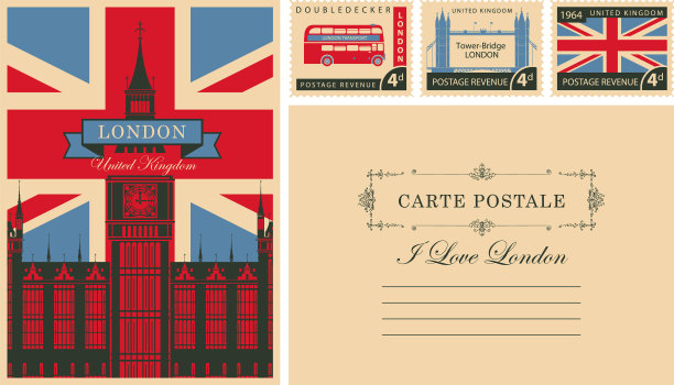 印有大本钟和英国国旗的老式明信片图片下载