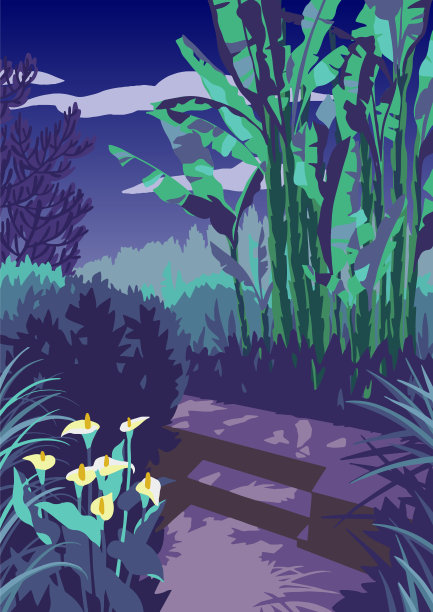 风景园林风景。植物和棕榈叶。图片下载