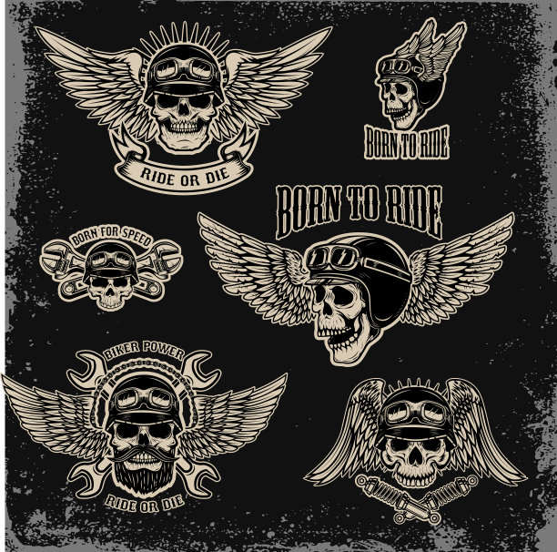 摩托车俱乐部的一套带翼人类头骨的标志图片下载