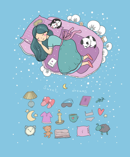 女孩和猫睡在床上，晚安，甜蜜图片下载