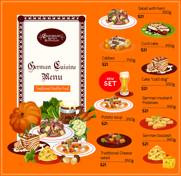 德国菜菜单上的食物和饮料图片下载