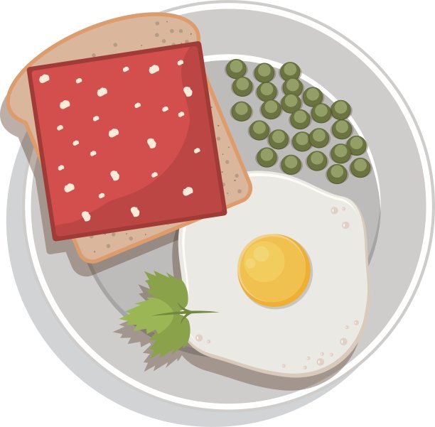 食物盘与鸡蛋、豌豆、面包、火腿图片下载