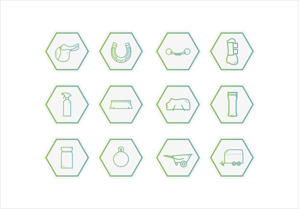 马设备图标。马护理工具图标集。马鞍，马蹄铁，鱼竿，护脚，清洁剂，刷子，饲料，手推车，马拖车图片下载