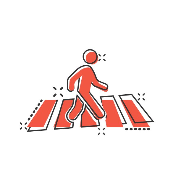 漫画风格的人行横道图标。人们步行卡通标志矢量插图在白色孤立的背景。导航飞溅效应经营理念。图片下载