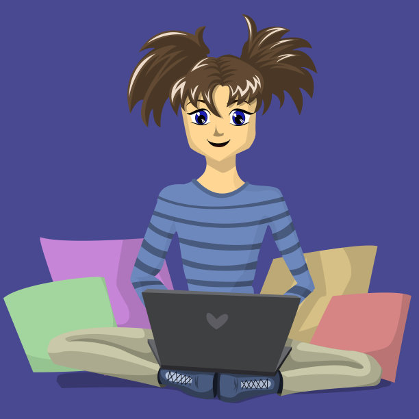 一个十几岁的女孩坐在地板上拿着笔记本电脑图片下载