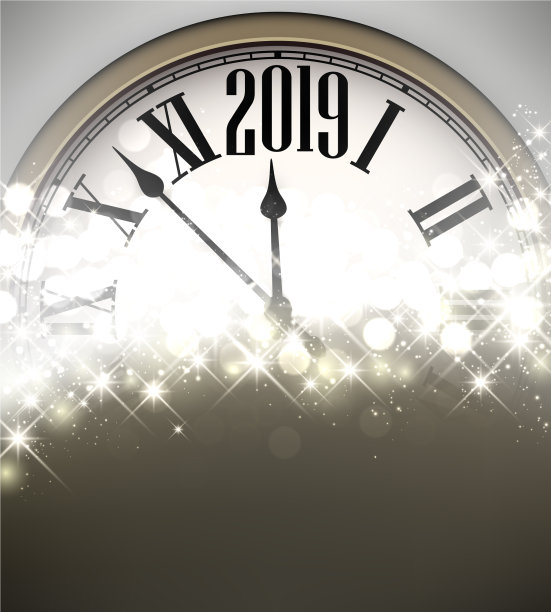 金色闪亮的2019年新年背景与时钟图片下载