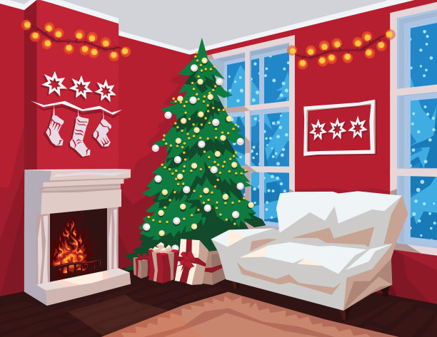 色彩缤纷的圣诞室内与红色的墙壁图片下载