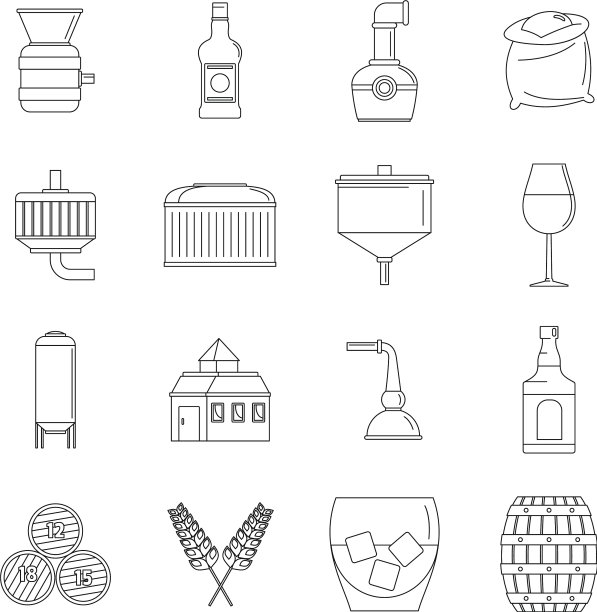 威士忌酒瓶玻璃图标设置轮廓风格图片下载