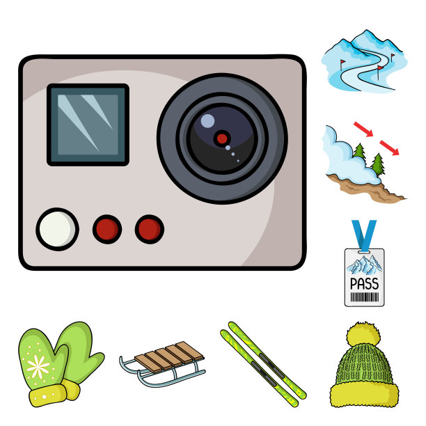 滑雪场和设备卡通图标设置图片下载