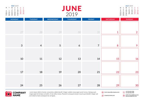 2019年6月日历规划师文具设计图片下载