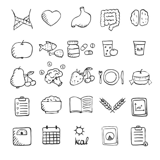 一套手绘健康生活方式图标套装图片下载