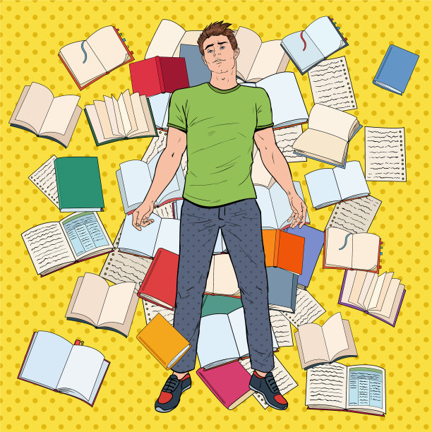 一个厌倦了波普艺术的学生躺在地板上，堆在书中间图片下载