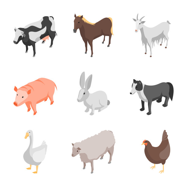 农场动物3d图标设置等距视图图片下载