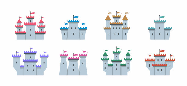 彩色城堡和要塞图标集图片下载