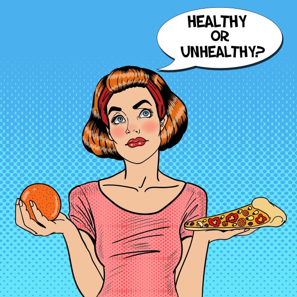 年轻健康的流行艺术女性选择橙色或披萨图片下载