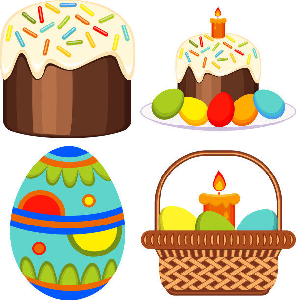 彩色复活节蜡烛蛋篮子蛋糕图标集图片下载