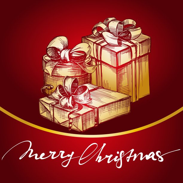 圣诞礼物红色背景手绘图片下载
