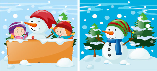 两个孩子和雪人的场景图片下载