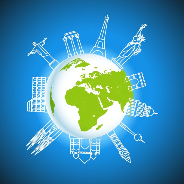 世界著名的标志，线条艺术的轮廓在地球上图片下载