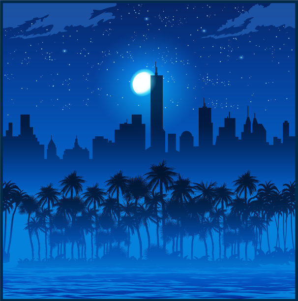 城市和棕榈树的夜晚图片下载