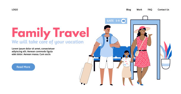 家庭旅游横幅-游客与儿童旅游卡通矢量插图。图片下载