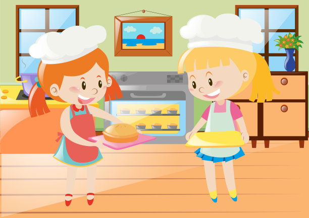 两个女孩在厨房烤馅饼图片下载