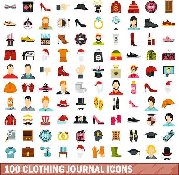 100款服装杂志图标设置扁平风格图片下载
