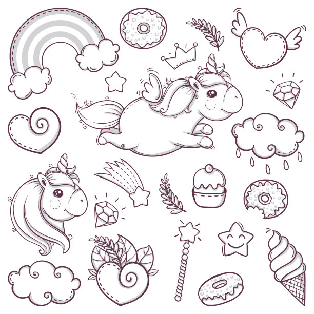 独角兽甜蜜设置在卡通素描涂鸦风格图片下载