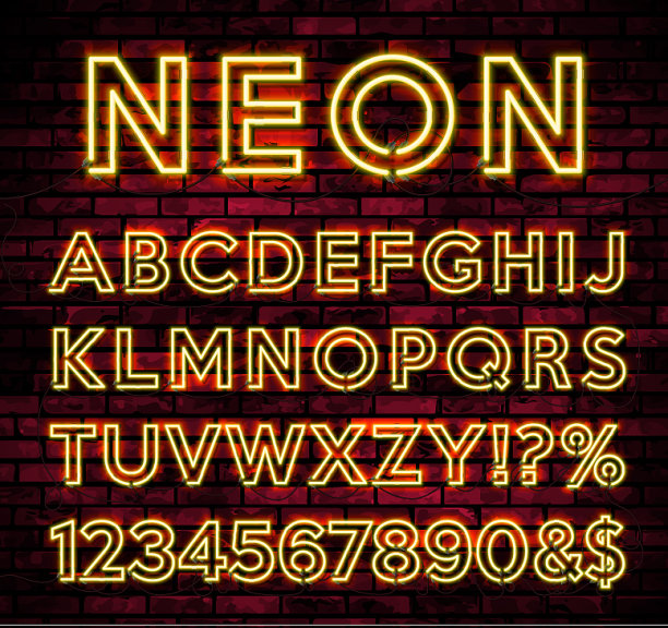 明亮的霓虹灯字母在黑暗的砖墙背景上图片下载