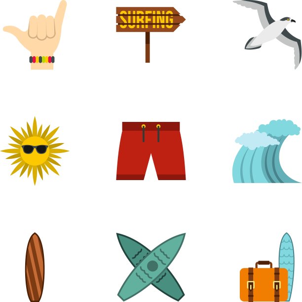 冲浪在海上图标设置平坦的风格图片下载
