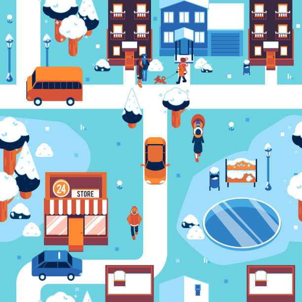 冬季城市景观无缝-街道与房子和图片下载