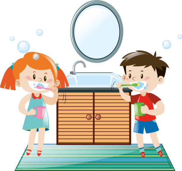 男孩和女孩在浴室刷牙图片下载