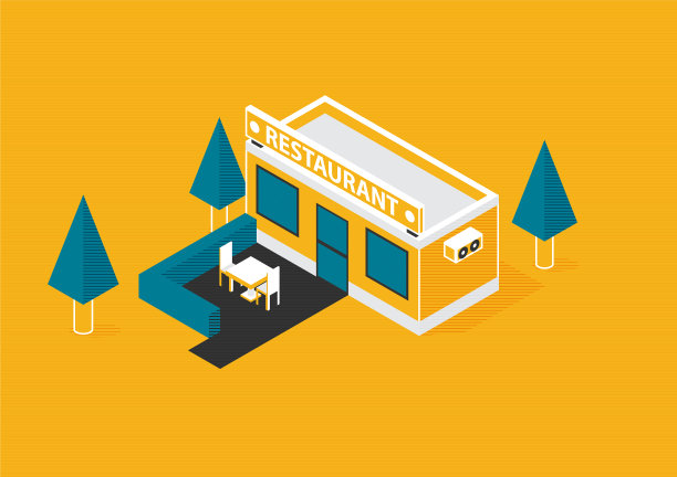 平面等距餐厅建筑与桌子图片下载