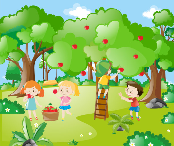 孩子们摘苹果的农场场景图片下载