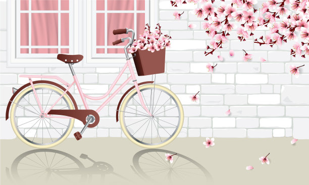 老式自行车停在墙边图片下载