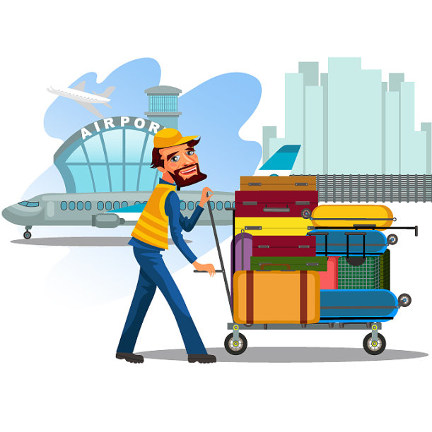 男人推着一个装着行李的手推车图片下载