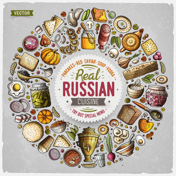 一套俄罗斯食品卡通涂鸦对象图片下载
