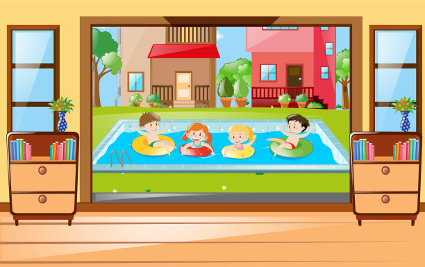 孩子们在游泳池里的街景图片下载