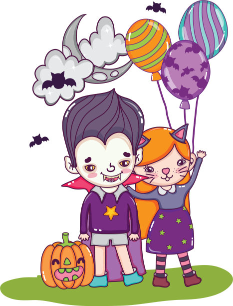 女孩和男孩的服装，气球和南瓜图片下载